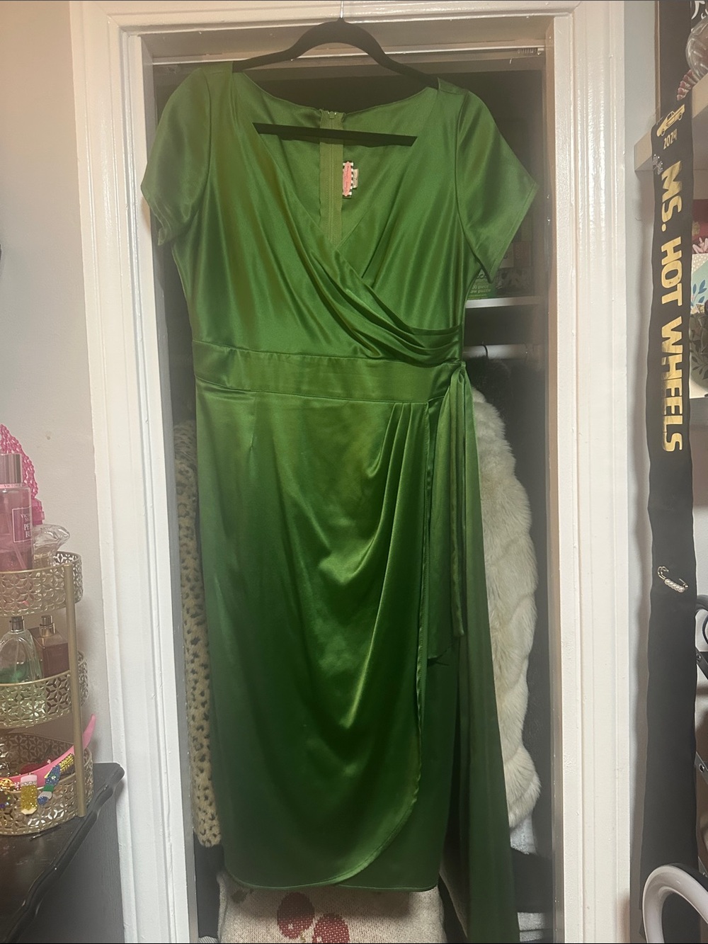 Pinup Girl Clothing Ava Green Satin Wrap Midi Dress with Tie Waist